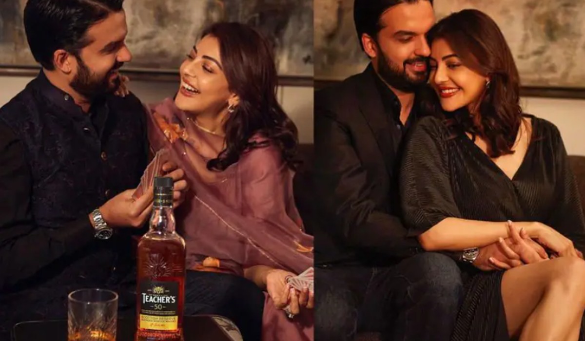 actress kajal agarwal promoting liquor brand with her husband on social media